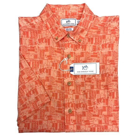 Southern Tide Men’s Medium Happy Hour Nautical Orange Short Sleeve Button Shirt - Picture 3 of 5
